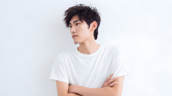 沉思中的亚洲年轻男子白T恤摄影图片