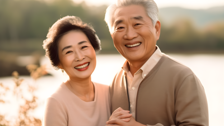 湖畔微笑的亚洲老年夫妇摄影版权图片下载