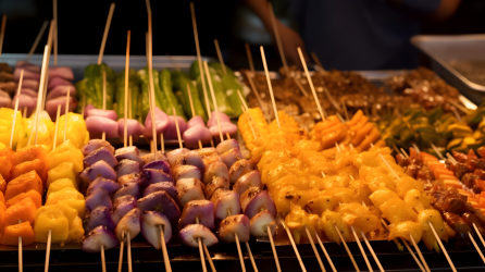 泰国美食节的串烧托盘摄影图片