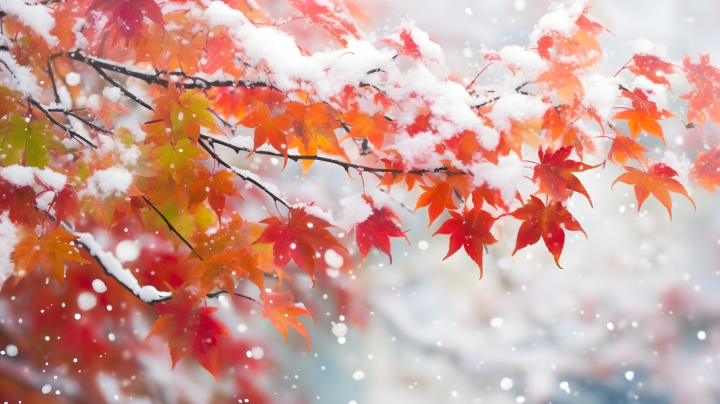 红白相间的雪景与装饰叶摄影版权图片下载