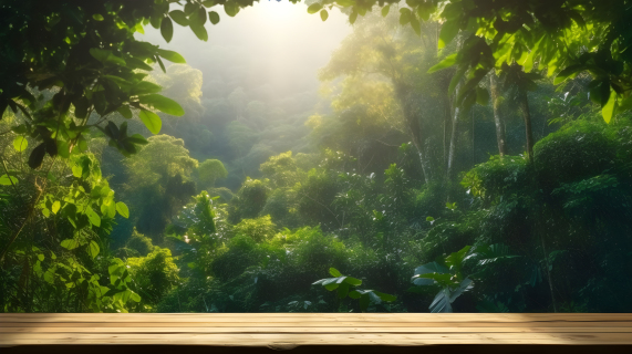 热带丛林中的木制空桌摄影图片
