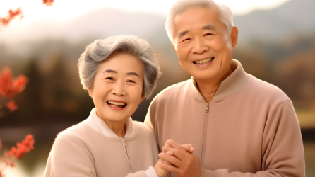 湖边微笑的亚洲老夫妇摄影图片