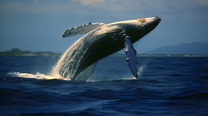 海洋中一只飞跃出水的鲸鱼摄影图版权图片下载