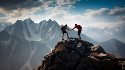 两人互相扶持攀登山顶的真实摄影图片