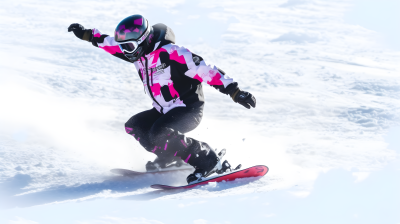 粉黑色滑雪板手在雪地上的摄影图片