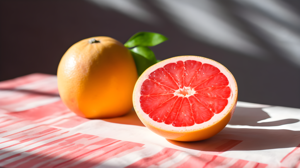 灿烂红粉柚子水果切半摄影版权图片下载