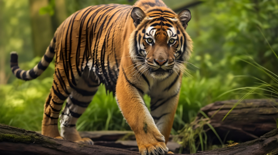 森林背景下的老虎漫步摄影图