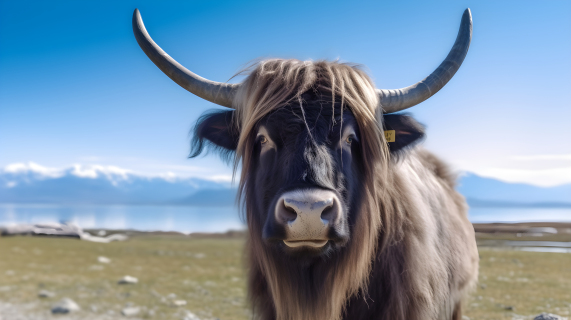 湖畔牦牛在田野中的摄影图片
