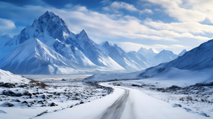 冬季雪山与道路，丹努布画派风格的摄影版权图片下载