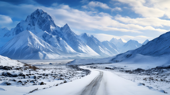 冬季雪山与道路，丹努布画派风格的摄影图片