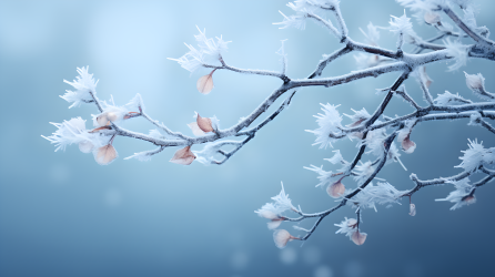 霜覆蓝背景的枝干摄影图片