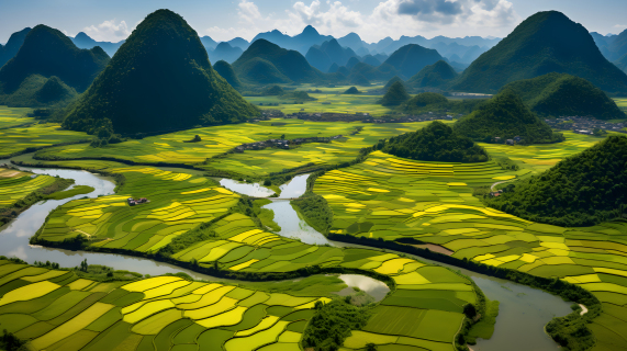 中国田园风光稻田与山峦摄影图