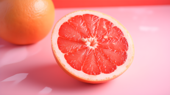 粉色背景上切割的葡萄柚摄影图片