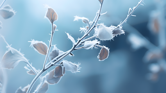 霜覆盖的树枝与蓝色背景的摄影图片