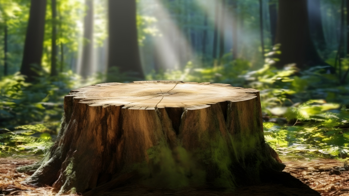 阳光照耀下的森林树桩摄影版权图片下载