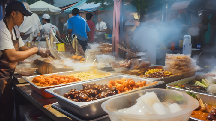 嘉年华风格的带调色刀的街头摊贩制作食物的摄影版权图片下载