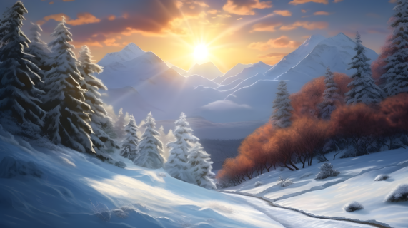 阳光洒落在雪景上的摄影图