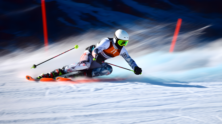 黑白银滑雪选手比赛下坡摄影图版权图片下载