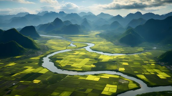 金黄绿色稻田与山脉的大自然美景摄影图