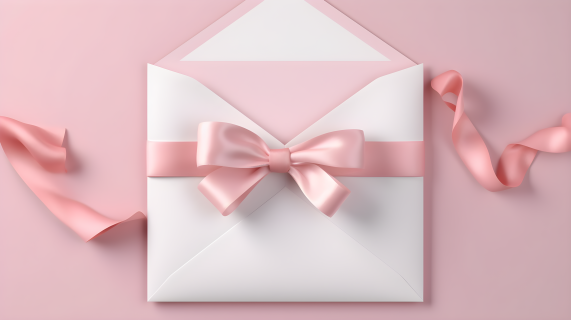 柔和的墨水：白信封和粉红丝带的摄影图片