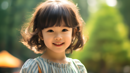 中国小女孩在公园微笑摄影图片