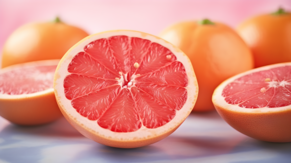 粉色背景上切开的柚子摄影图片