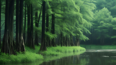 中国传统风格的绿色森林与草地水景摄影图片