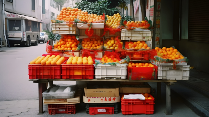北京东村风格的白木桌上摞着盒子橙子摄影图版权图片下载