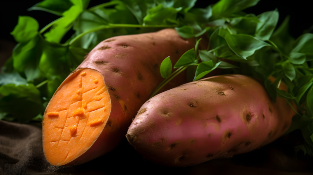 暗橙色叶子和草地上的甘薯摄影版权图片下载