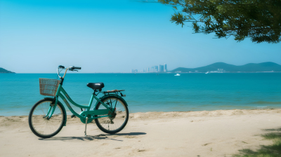 绿色自行车在海滩和水边摄影图片