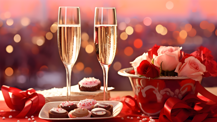 瓶中爱意：红光闪耀的情人节香槟杯和巧克力摄影版权图片下载