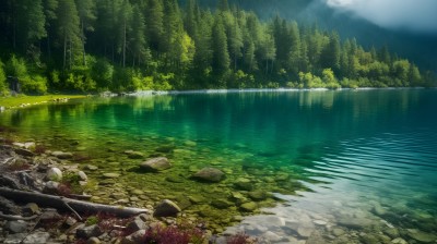 原始森林环绕的翠绿湖泊摄影图片