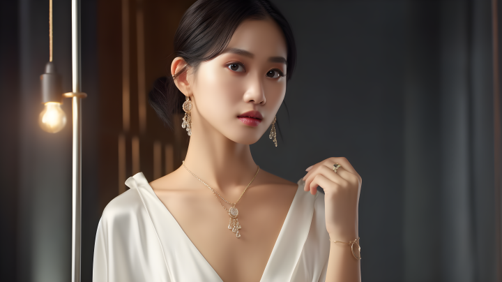 亚洲白衣女子佩戴项链和耳环的摄影版权图片下载