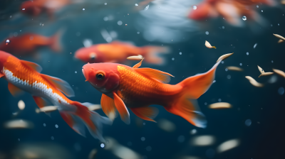 池中游动的逼真飘逸红橙色锦鲤摄影图