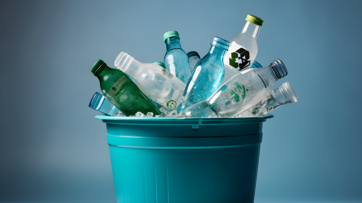 回收桶中的轻绿和浅蓝色再生瓶摄影版权图片下载