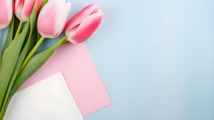 粉白色郁金香与明亮蓝粉纸的摄影版权图片下载