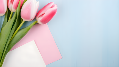 粉白色郁金香与明亮蓝粉纸的摄影图片