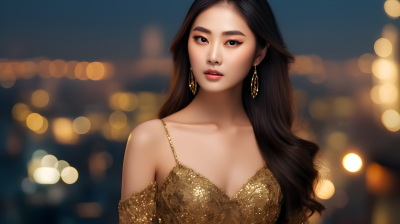 夜晚城市背景下的亚洲女子金色长裙摄影图