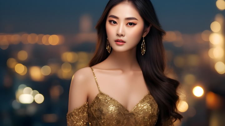 夜晚城市背景下的亚洲女子金色长裙摄影图版权图片下载