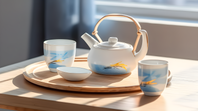 和风飘香 白金与蓝色的日式茶具摄影图片