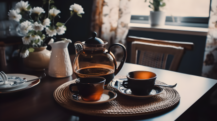 复古风格台式机上的茶壶摄影图片
