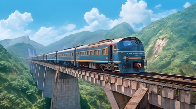 山区桥上蓝色列车摄影图片