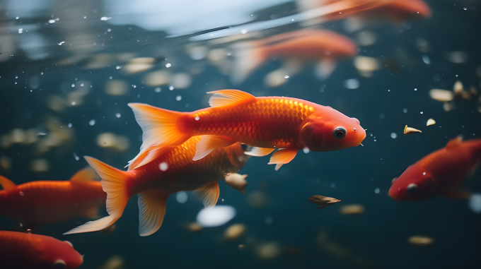 绿池中的橙红色锦鲤摄影图