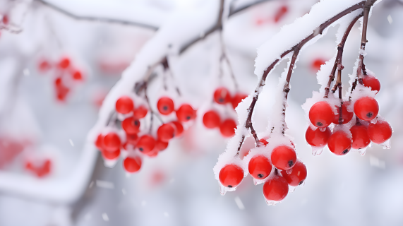 红色浆果在白雪覆盖的树枝上摄影图
