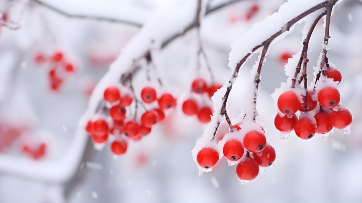 红色浆果在白雪覆盖的树枝上摄影图版权图片下载