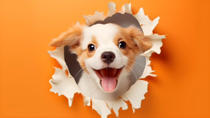 笑容满溢的橙白色狗狗穿出洞口的摄影版权图片下载
