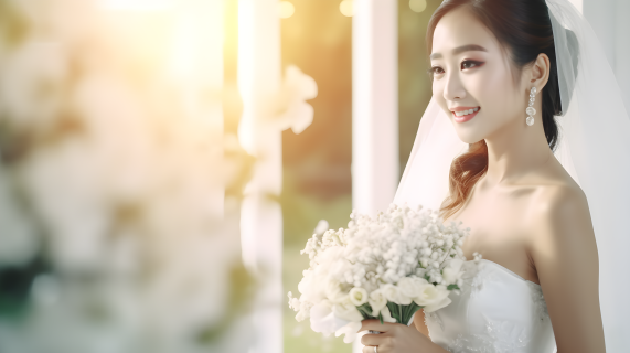 亚洲白色婚纱新娘手持白色花束摄影图片
