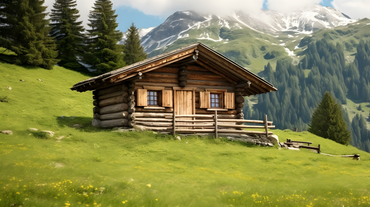 山中小木屋，淡褐与翠绿交织的摄影版权图片下载