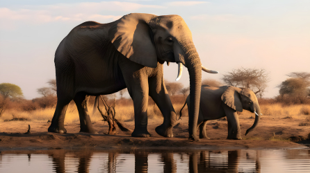 非洲草原上的大小象在水坑旁相遇摄影图片
