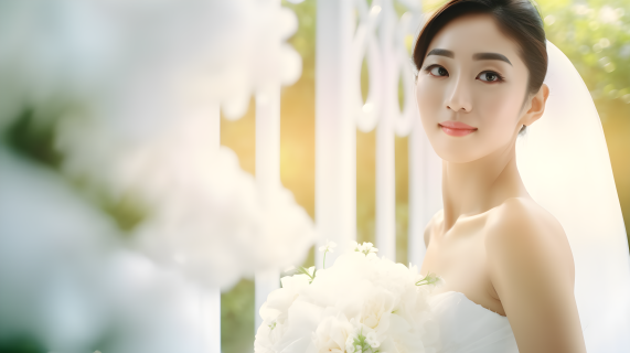 亚洲新娘白色婚纱手持白色花束的摄影图片
